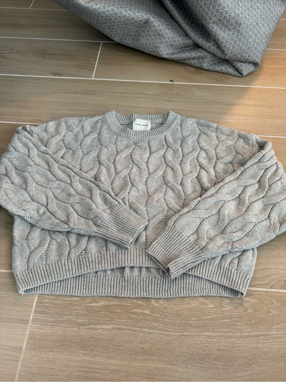 Pink Rose Light Gray Cable Knit Crewneck Sweater